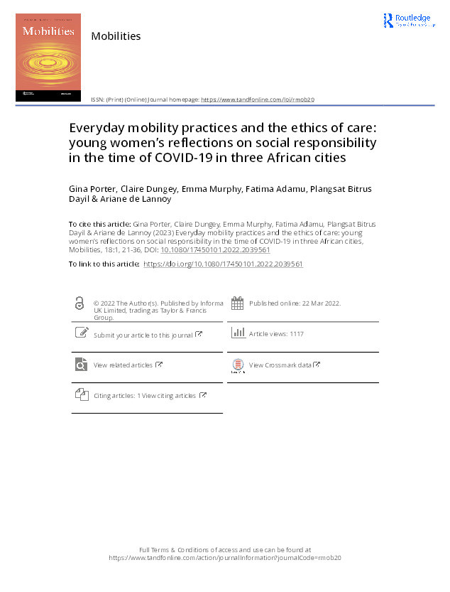Everyday mobility practices and the ethics of care: young women's reflections on social responsibility in the time of COVID-19 in three African cities Thumbnail