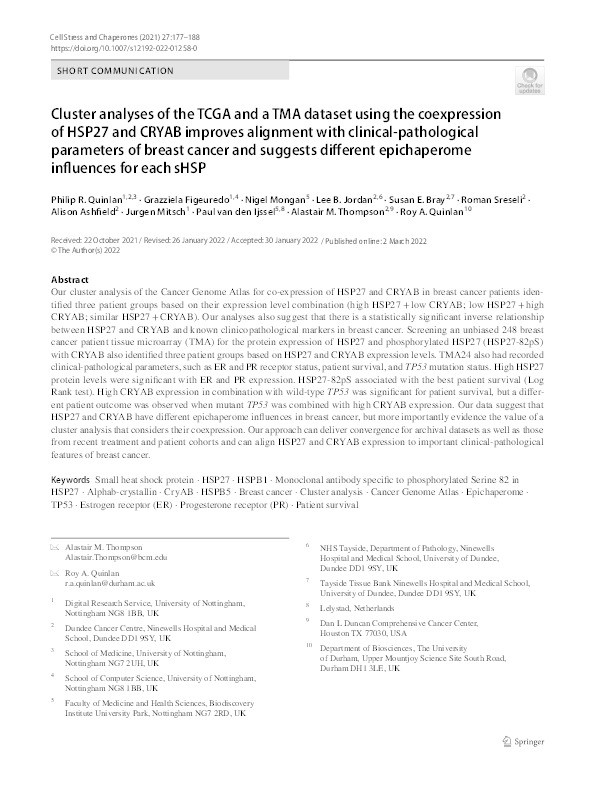 Cluster analyses of the TCGA and a TMA dataset using the coexpression of HSP27 and CRYAB improves alignment with clinical-pathological parameters of breast cancer and suggests different epichaperome influences for each sHSP Thumbnail