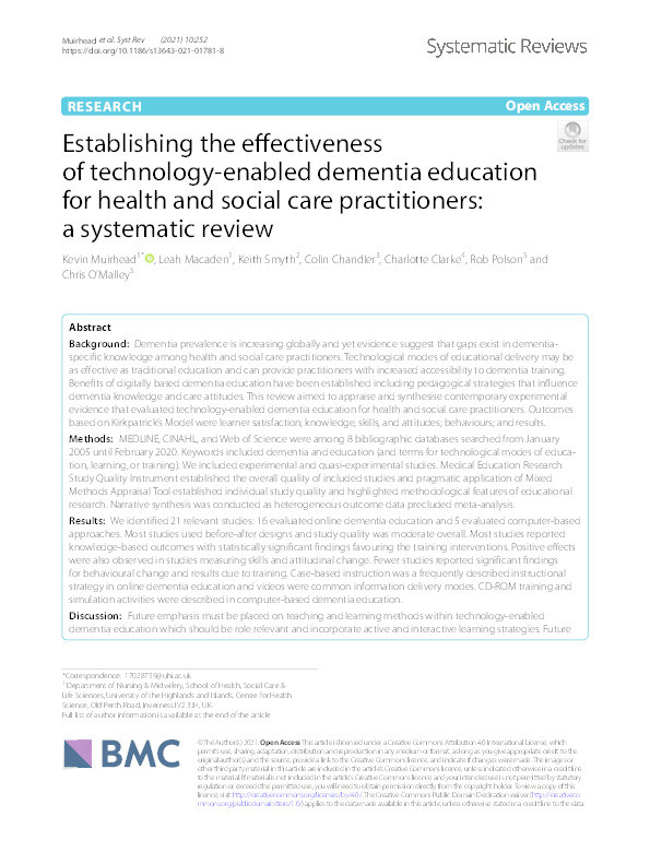 Establishing the effectiveness of technology-enabled dementia education for health and social care practitioners: a systematic review Thumbnail