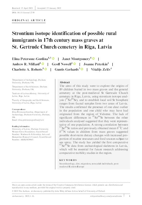 Strontium isotope identification of possible rural immigrants in 17th century mass graves at St. Gertrude Church cemetery in Riga, Latvia Thumbnail