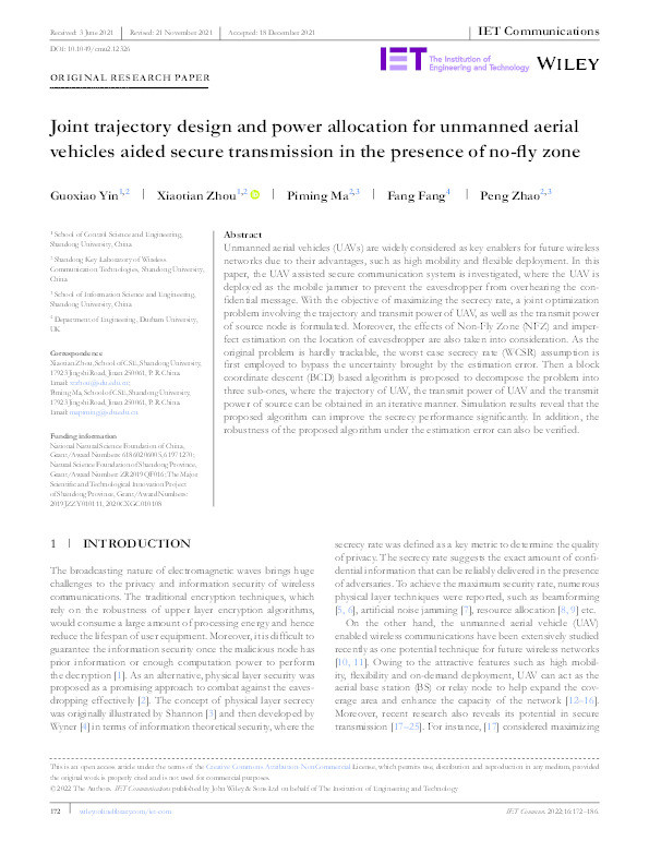 Joint trajectory design and power allocation for unmanned aerial vehicles aided secure transmission in the presence of no‐fly zone Thumbnail