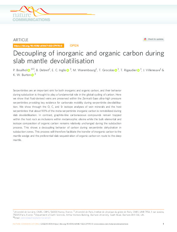 Decoupling of inorganic and organic carbon during slab mantle devolatilisation Thumbnail