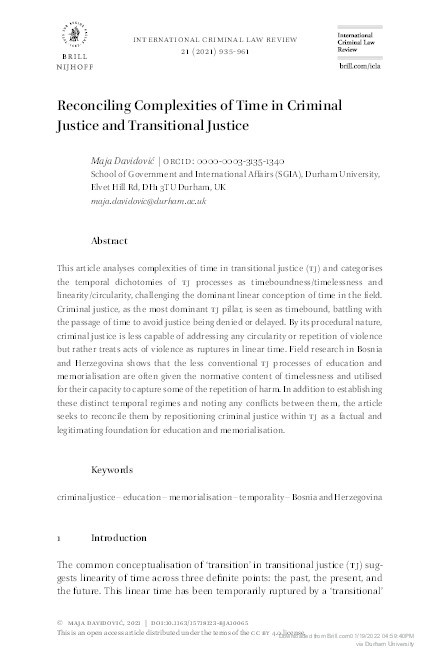 Reconciling Complexities of Time in Criminal Justice and Transitional Justice Thumbnail