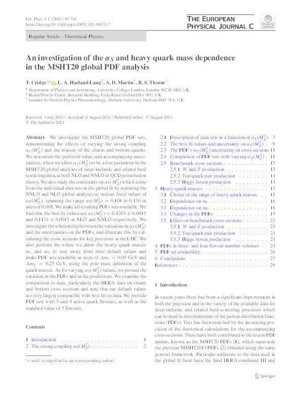 An investigation of the $$\alpha _S$$ and heavy quark mass dependence in the MSHT20 global PDF analysis Thumbnail