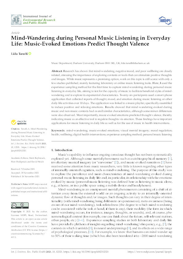 Mind-Wandering during Personal Music Listening in Everyday Life: Music-Evoked Emotions Predict Thought Valence Thumbnail