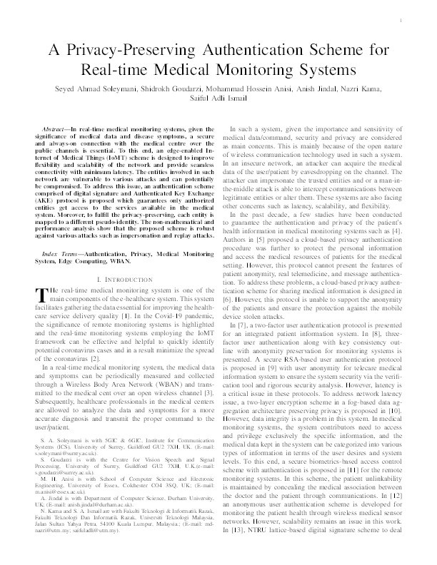 A Privacy-Preserving Authentication Scheme for Real-time Medical Monitoring Systems Thumbnail