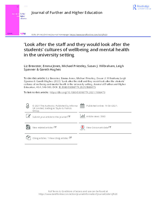 ‘Look after the staff and they would look after the students’ cultures of wellbeing and mental health in the university setting Thumbnail