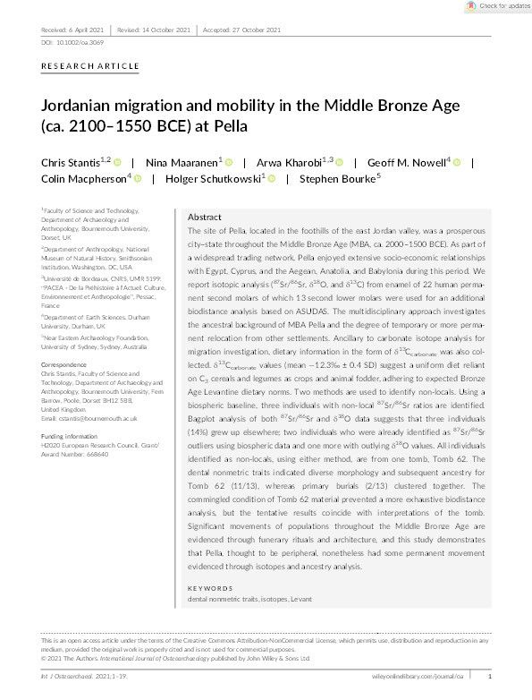 Jordanian migration and mobility in the Middle Bronze Age (ca. 2100–1550 BCE) at Pella Thumbnail