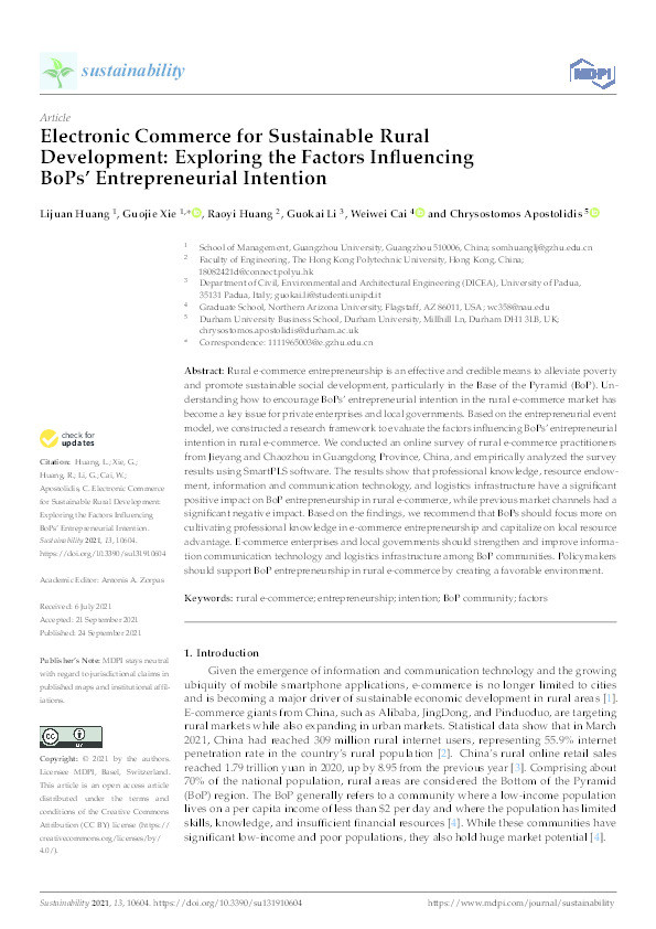 Electronic Commerce for Sustainable Rural Development: Exploring the Factors Influencing BoPs’ Entrepreneurial Intention Thumbnail