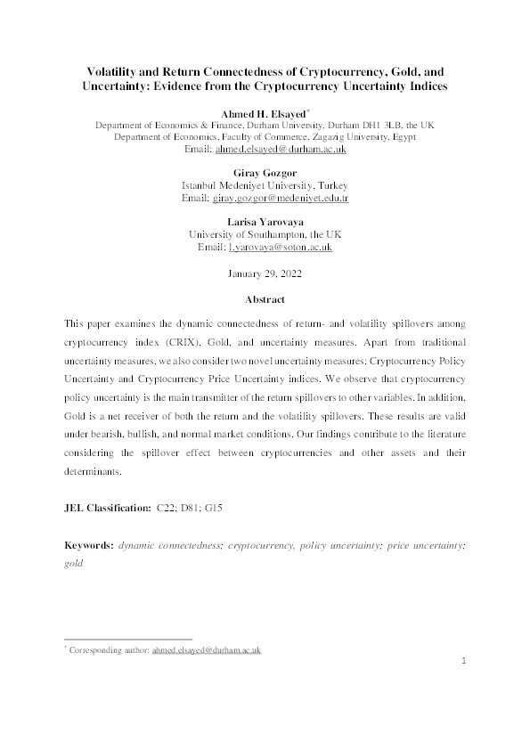 Volatility and Return Connectedness of Cryptocurrency, Gold, and Uncertainty: Evidence from the Cryptocurrency Uncertainty Indices Thumbnail