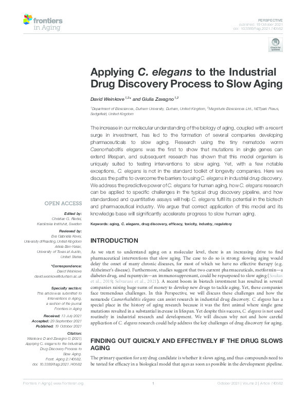 Applying C. elegans to the Industrial Drug Discovery Process to Slow Aging Thumbnail