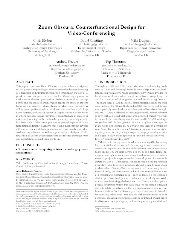 Zoom Obscura: Counterfunctional Design for Video-Conferencing Thumbnail