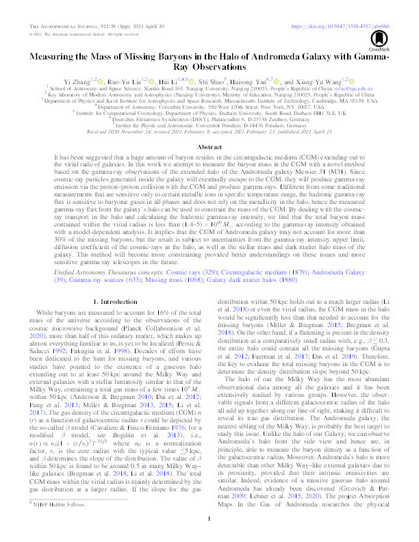 Measuring the Mass of Missing Baryons in the Halo of Andromeda Galaxy with Gamma-Ray Observations Thumbnail