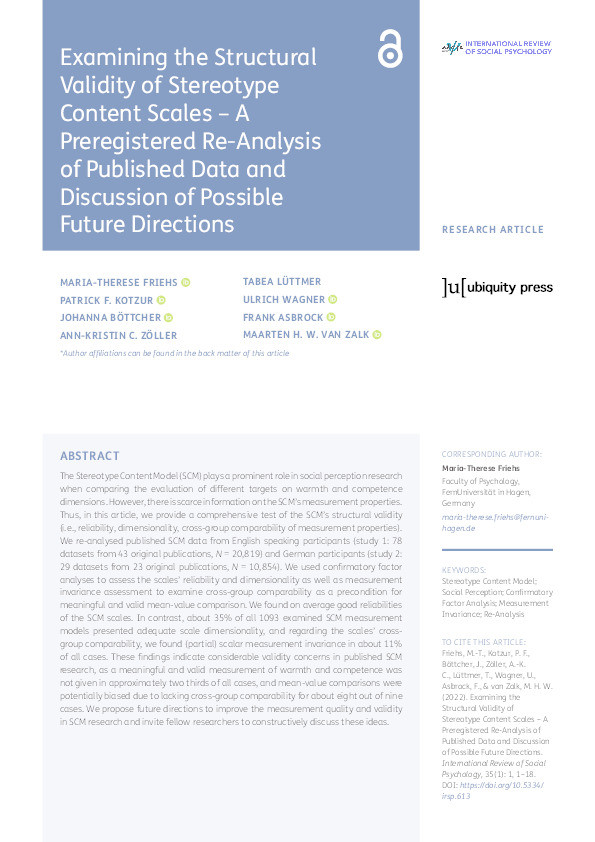 Examining the structural validity of stereotype content scales – a preregistered re-analysis of published data and discussion of possible future directions Thumbnail