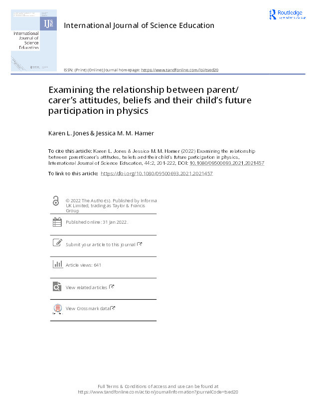 Examining the relationship between parent/carer's attitudes, beliefs and their child's future participation in physics Thumbnail