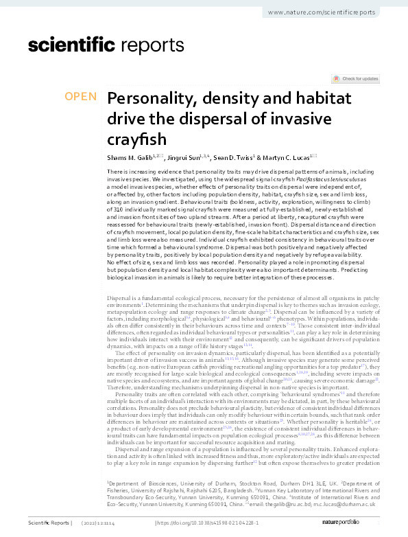 Personality, density and habitat drive the dispersal of invasive crayfish Thumbnail