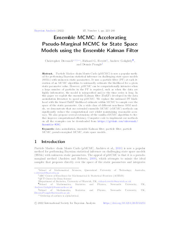 Ensemble MCMC: Accelerating Pseudo-Marginal MCMC for State Space Models using the Ensemble Kalman Filter Thumbnail