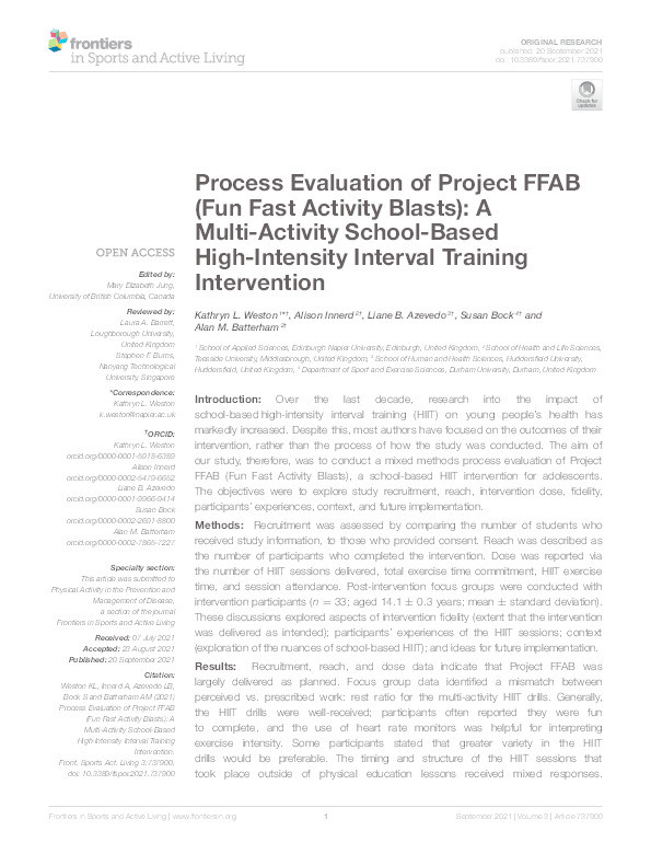 Process Evaluation of Project FFAB (Fun Fast Activity Blasts): A Multi-Activity School-Based High-Intensity Interval Training Intervention Thumbnail