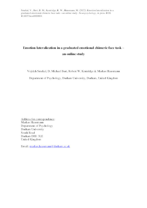 Emotion lateralization in a graduated emotional chimeric face task: An online study Thumbnail