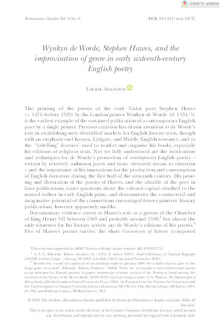 Wynkyn de Worde, Stephen Hawes, and the improvisation of genre in early sixteenth‐century English poetry Thumbnail