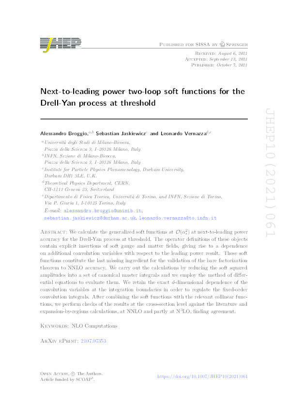 Next-to-leading power two-loop soft functions for the Drell-Yan process at threshold Thumbnail