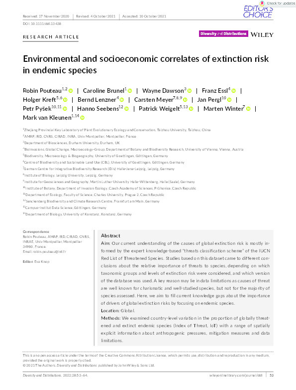 Environmental and socioeconomic correlates of extinction risk in endemic species Thumbnail