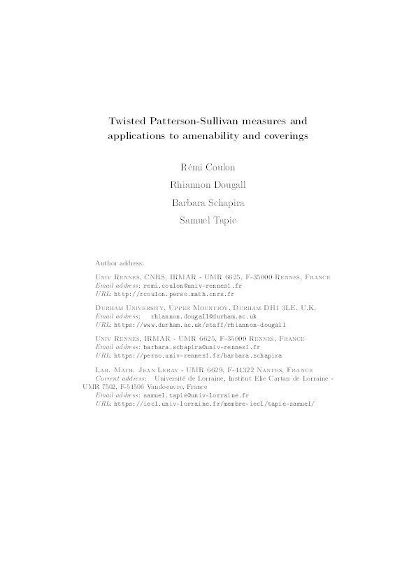 Twisted Patterson-Sullivan measures and applications to amenability and coverings Thumbnail