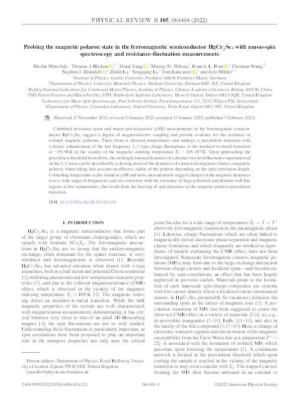 Probing the magnetic polaron state in the ferromagnetic semiconductor HgCr2Se4 with muon-spin spectroscopy and resistance-fluctuation measurements Thumbnail