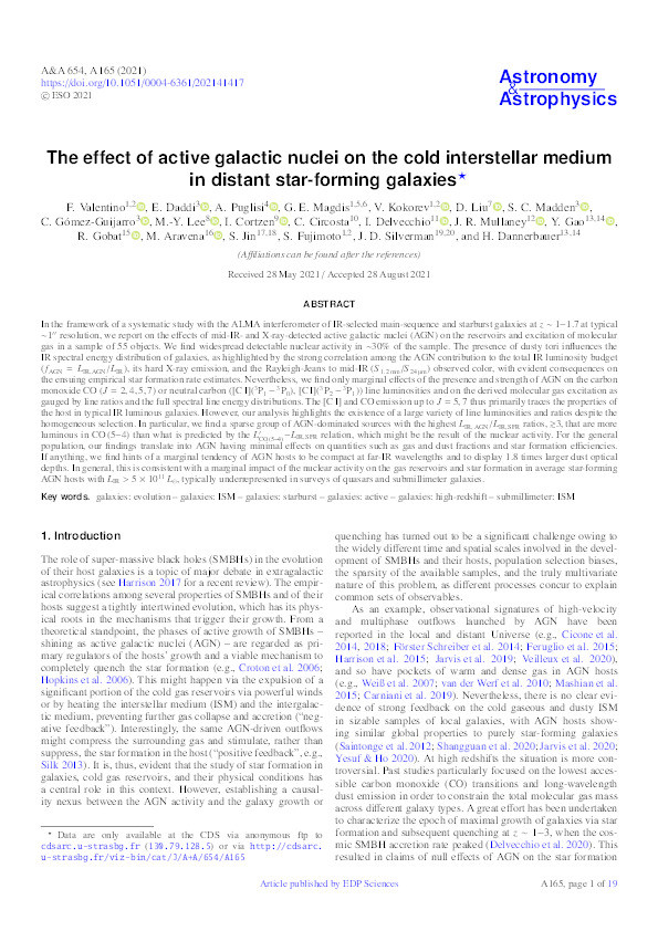 The effect of active galactic nuclei on the cold interstellar medium in distant star-forming galaxies Thumbnail