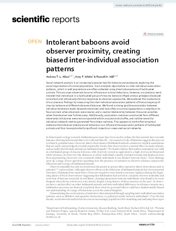 Intolerant baboons avoid observer proximity, creating biased inter-individual association patterns Thumbnail