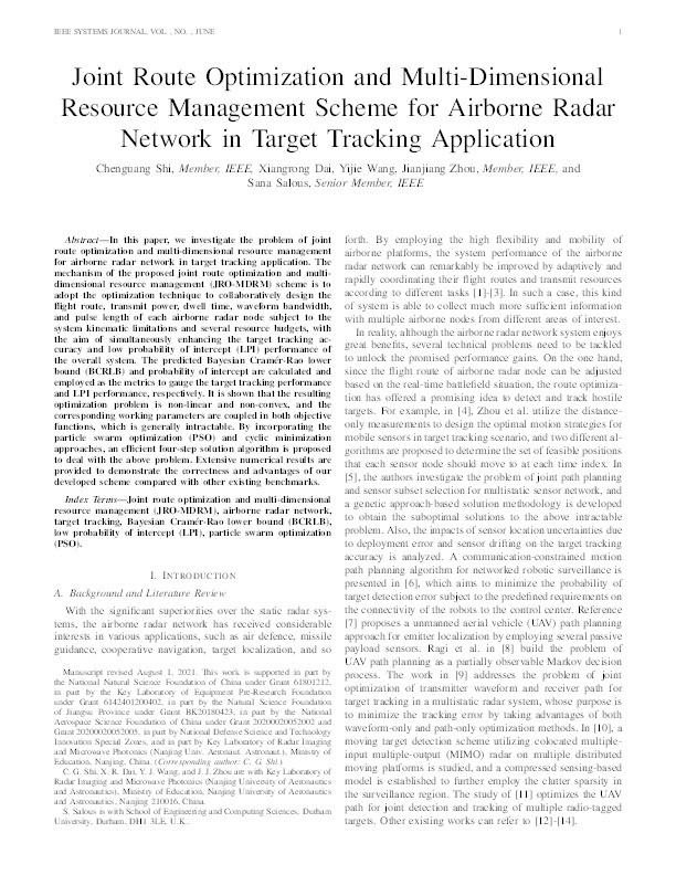 Joint Route Optimization and Multidimensional Resource Management Scheme for Airborne Radar Network in Target Tracking Application Thumbnail