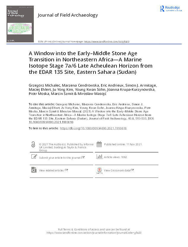A Window into the Early–Middle Stone Age Transition in Northeastern Africa—A Marine Isotope Stage 7a/6 Late Acheulean Horizon from the EDAR 135 Site, Eastern Sahara (Sudan) Thumbnail