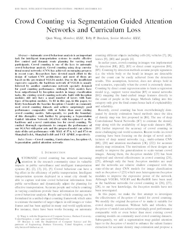 Crowd Counting via Segmentation Guided Attention Networks and Curriculum Loss Thumbnail