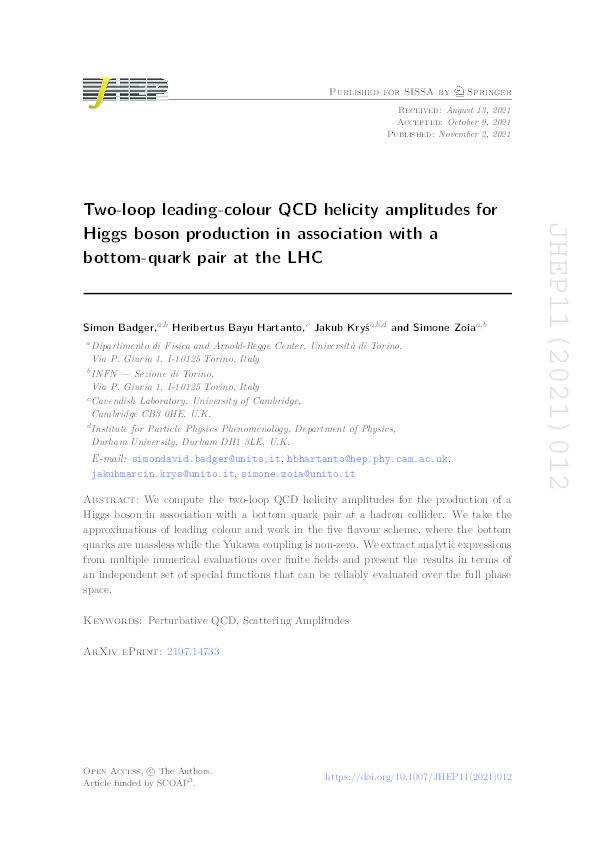 Two-loop leading-colour QCD helicity amplitudes for Higgs boson production in association with a bottom-quark pair at the LHC Thumbnail