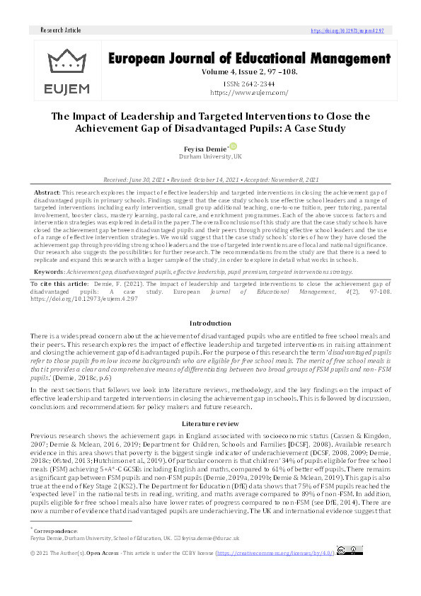 The Impact of Leadership and Targeted Interventions to Close the Achievement Gap of Disadvantaged Pupils: A Case Study Thumbnail