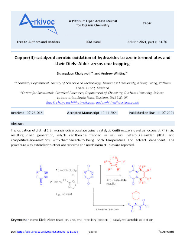 Copper(II)-catalyzed aerobic oxidation of hydrazides to azo intermediates and their Diels–Alder versus ene trapping Thumbnail