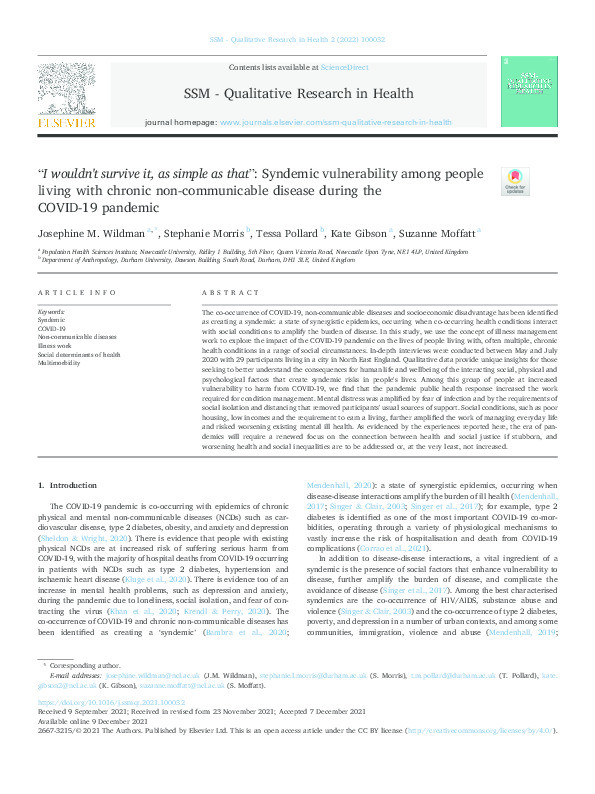 “I wouldn't survive it, as simple as that”: Syndemic vulnerability among people living with chronic non-communicable disease during the COVID-19 pandemic Thumbnail
