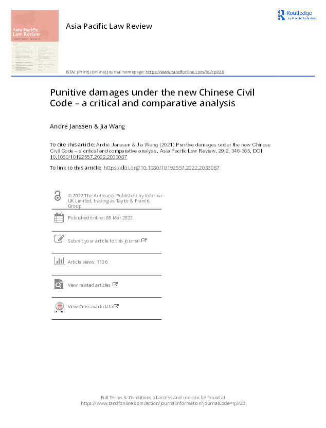 Punitive Damages Under the New Chinese Civil Code – A Critical and Comparative Analysis Thumbnail