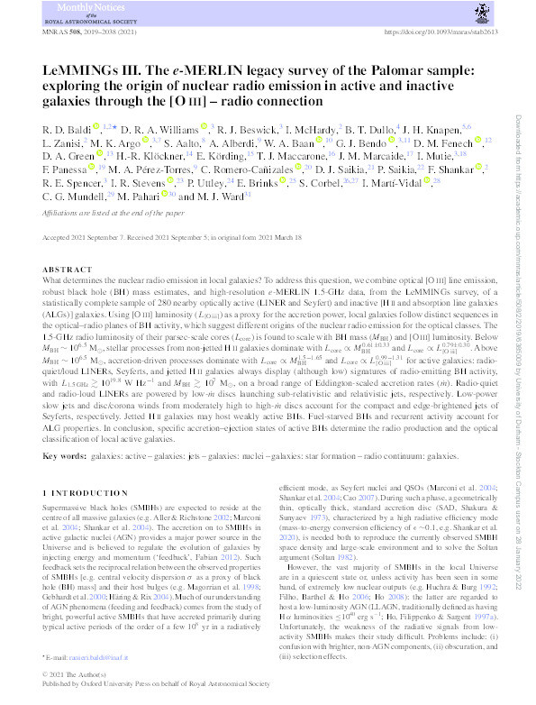 LeMMINGs III. The e-MERLIN legacy survey of the Palomar sample: exploring the origin of nuclear radio emission in active and inactive galaxies through the [O iii] – radio connection Thumbnail
