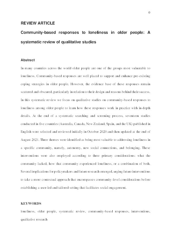 Community‐based responses to loneliness in older people: A systematic review of qualitative studies Thumbnail