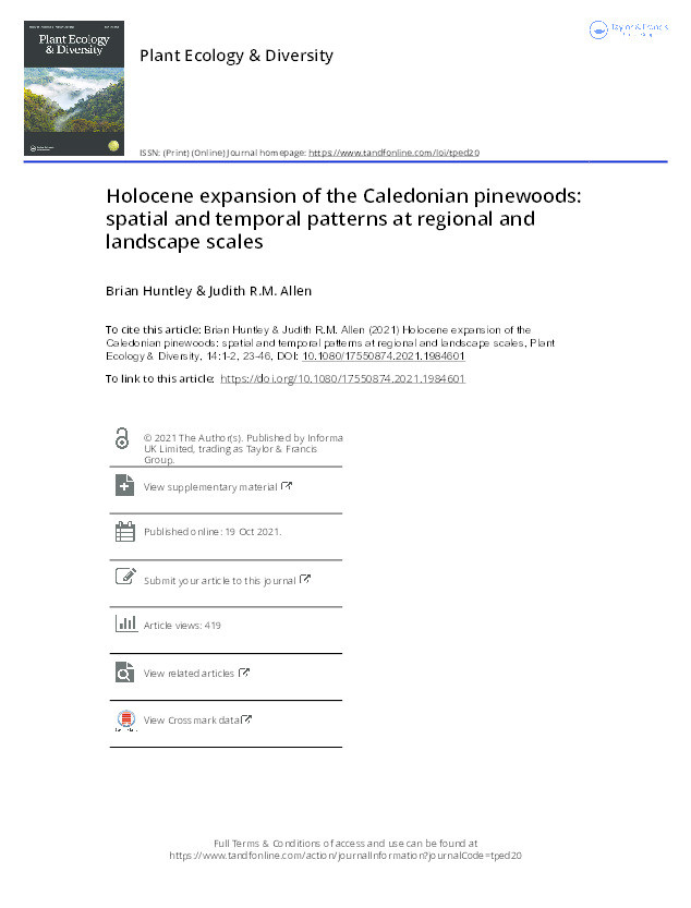 Holocene expansion of the Caledonian pinewoods: spatial and temporal patterns at regional and landscape scales Thumbnail