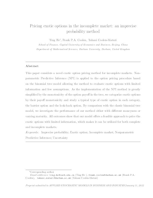 Pricing exotic options in the incomplete market: an imprecise probability method Thumbnail