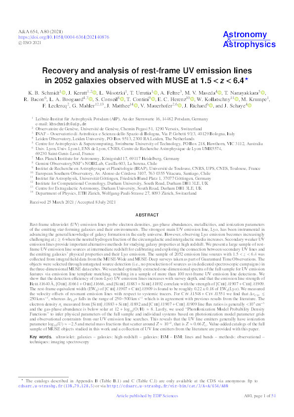 Recovery and analysis of rest-frame UV emission lines in 2052 galaxies observed with MUSE at 1.5 < z < 6.4 Thumbnail