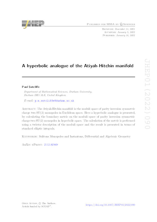 A hyperbolic analogue of the Atiyah-Hitchin manifold Thumbnail