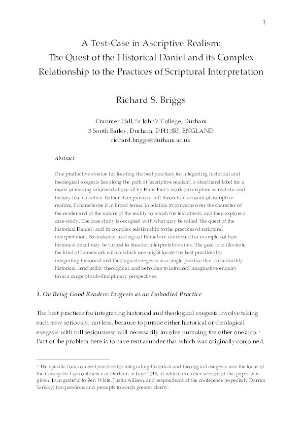 A Test Case in Ascriptive Realism: The Quest of the Historical Daniel and Its Complex Relationship to the Practices of Scriptural Interpretation Thumbnail