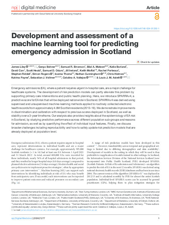 Development and assessment of a machine learning tool for predicting emergency admission in Scotland Thumbnail