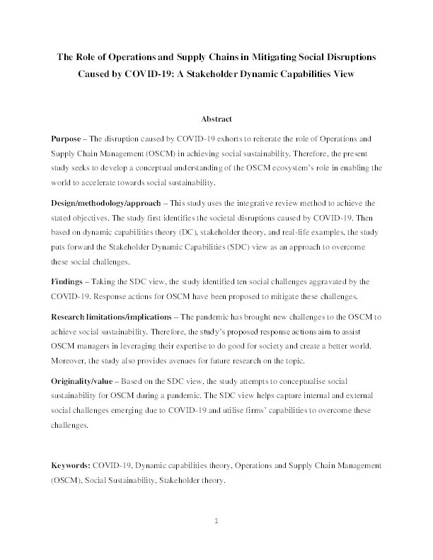 The role of operations and supply chains in mitigating social disruptions caused by COVID-19: a stakeholder dynamic capabilities view Thumbnail