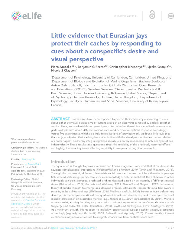 Little evidence that Eurasian jays protect their caches by responding to cues about a conspecific’s desire and visual perspective Thumbnail