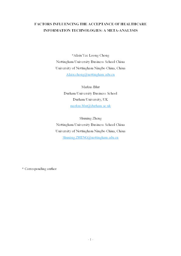 Factors Influencing the Acceptance of Healthcare Information Technologies: A Meta-Analysis Thumbnail