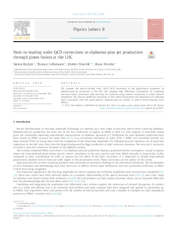 Next-to-leading order QCD corrections to diphoton-plus-jet production through gluon fusion at the LHC Thumbnail